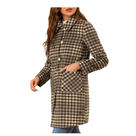 Allegra K Women's Casual Plaid Turn Down Collar Mid Length Woolen Overcoat Coffe - Picture 4 of 9